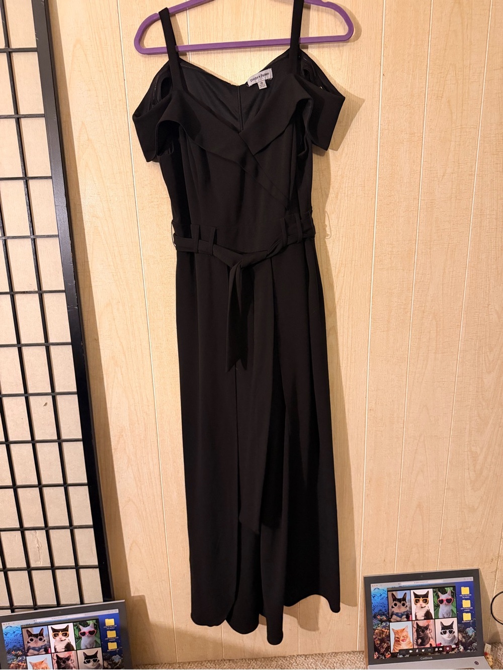 Shelby & Palmer Black Off-Shoulder Wide-Leg Jumpsuit with Waist Tie - Picture 2 of 6